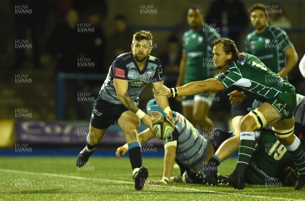020218 - Cardiff Blues v London Irish - Anglo-Welsh Cup - Lewis Jones of Cardiff Blues gets the ball away