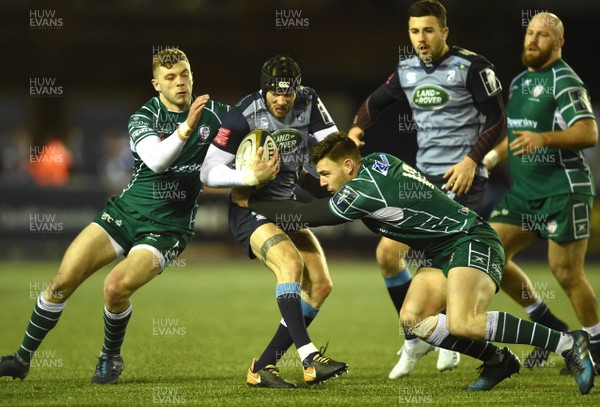 020218 - Cardiff Blues v London Irish - Anglo-Welsh Cup - Ryan Edwards of Cardiff Blues is tackled by Johnny Williams of London Irish