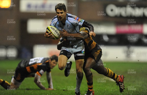 091112 - Cardiff Blues v London Wasps - LV= Cup -Tom Williams of Cardiff Blues is tackles Christian Wade of London Wasps