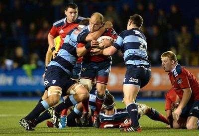 011114 - Cardiff Blues v Munster - Guiness PRO12 -BJ Botha of Munster is tackled by Jarrad Hoeata of Cardiff Blues