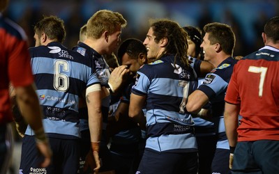 011114 - Cardiff Blues v Munster - Guiness PRO12 -Manoa Vosawai of Cardiff Blues celebrates his try with team mates