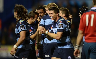 011114 - Cardiff Blues v Munster - Guiness PRO12 -Manoa Vosawai of Cardiff Blues celebrates his try with team mates