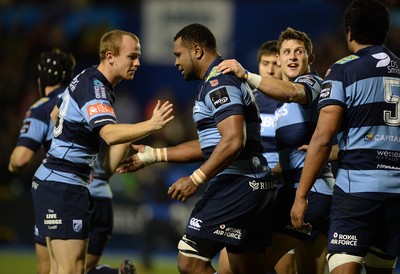 011114 - Cardiff Blues v Munster - Guiness PRO12 -Manoa Vosawai of Cardiff Blues celebrates his try with team mates