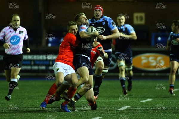 021119 - Cardiff Blues v Munster - GuinnessPRO14 - Lewis Jones of Cardiff Blues is tackled by Conor Oliver of Munster 