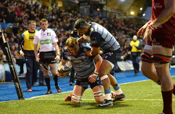 170218 - Cardiff Blues v Munster - Guinness PRO14 - Macauley Cook of Cardiff Blues celebrates his try with Rey Lee-Lo