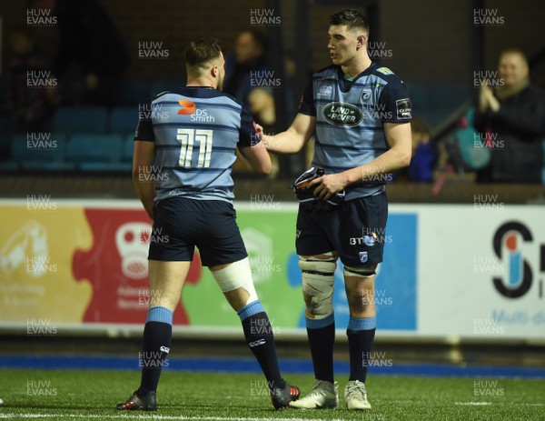 170218 - Cardiff Blues v Munster - Guinness PRO14 - Owen Lane and Seb Davies of Cardiff Blues at the end of the game