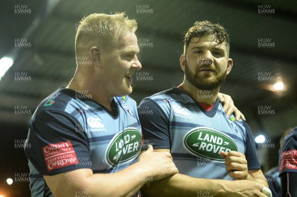 170218 - Cardiff Blues v Munster - Guinness PRO14 - Rhys Gill and Kirby Myhill of Cardiff Blues at the end of the game