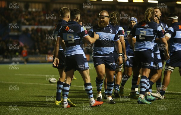 210918 - Cardiff Blues v Munster - Guinness PRO14 - Tomos Williams of Cardiff Blues celebrates scoring a try with Dmitri Arhip