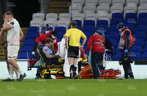 010121 - Cardiff Blues v Ospreys, Guinness PRO14 - Garyn Smith of Cardiff Blues is stretchered off late in the game with an injury