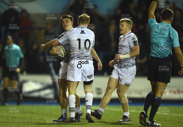 171117 - Cardiff Blues v Ospreys - Anglo Welsh Cup - Reuben Morgan-Williams of Ospreys celebrates his try