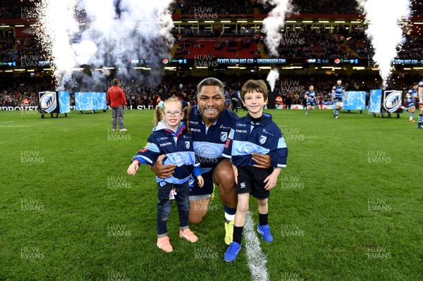 270419 - Cardiff Blues v Ospreys - Guinness PRO14 - Judgement Day - Nick Williams of Cardiff Blues with mascots