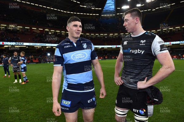 270419 - Cardiff Blues v Ospreys - Guinness PRO14 - Judgement Day - Seb Davies of Cardiff Blues and Adam Beard of Ospreys at the end of the game
