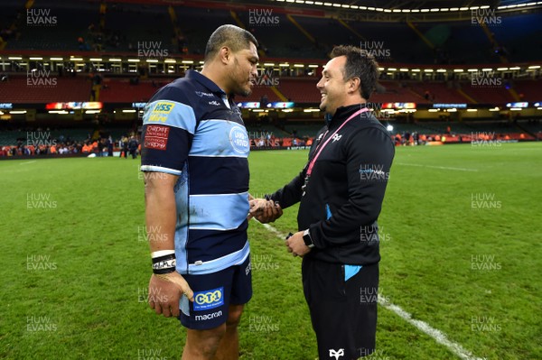 270419 - Cardiff Blues v Ospreys - Guinness PRO14 - Judgement Day - Nick Williams of Cardiff Blues and Ospreys backs coach Matt Sherratt at the end of the game