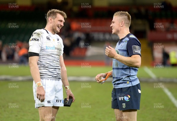 280418 - Cardiff Blues v Ospreys - Guinness PRO14 - Dan Biggar of Ospreys and Gareth Anscombe of Cardiff Blues at the end of the game