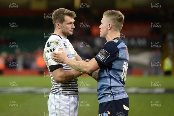 280418 - Cardiff Blues v Ospreys - Guinness PRO14 - Dan Biggar of Ospreys and Gareth Anscombe of Cardiff Blues at the end of the game