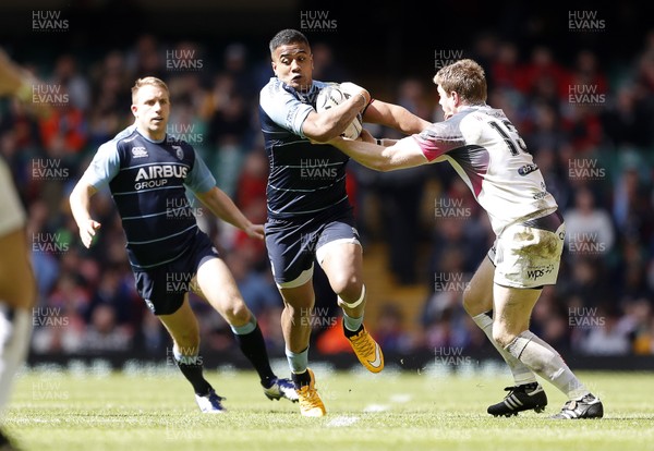 300416 - Cardiff Blues v Ospreys - Judgement Day - Guinness PRO12 - Rey Lee-Lo of Cardiff Blues is tackled by Jonathan Spratt of Ospreys