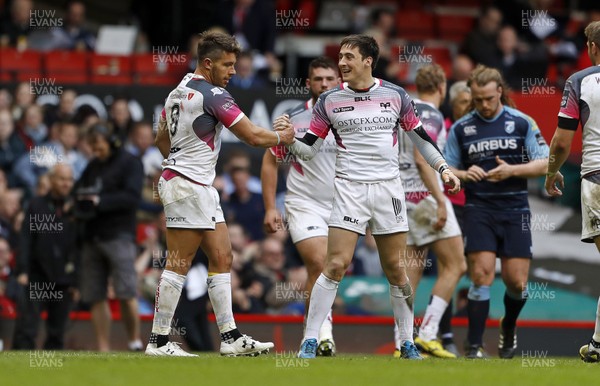 300416 - Cardiff Blues v Ospreys - Judgement Day - Guinness PRO12 - Rhys Webb and Sam Davies of Ospreys celebrate the victory