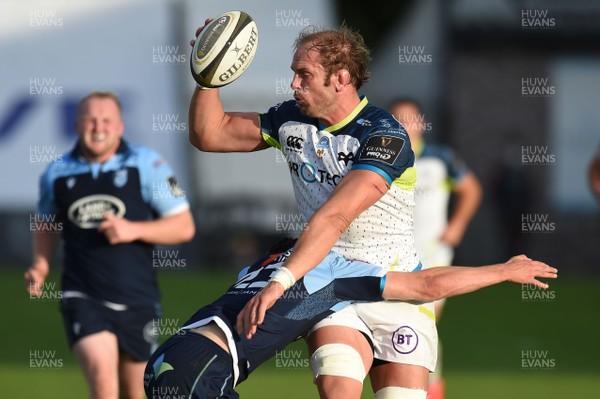 300820 - Cardiff Blues v Ospreys - Guinness Pro 14 - Alun Wyn Jones of Ospreys is tackled by Ioan Davies of Cardiff Blues 