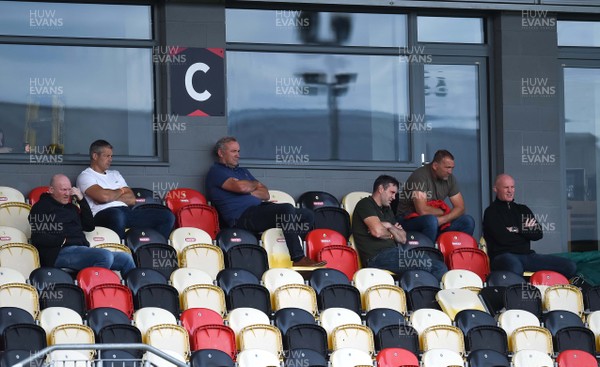 300820 - Cardiff Blues v Ospreys - Guinness Pro 14 - Wales coaching team watch from the stands (L-R) Neil Jenkins, Byron Hayward, Wayne Pivac, Stephen Jones, Jonathan Humphreys and Martyn Williams 