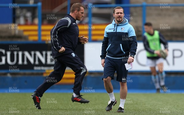 131018 - Cardiff Blues A v Ospreys Development - Gethin Jenkins warms up alongside Coach Richie Rees