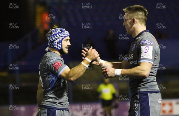 071219 - Cardiff Blues v Pau, European Challenge Cup - Matthew Morgan of Cardiff Blues, left, celebrates with Josh Adams of Cardiff Blues after scoring try