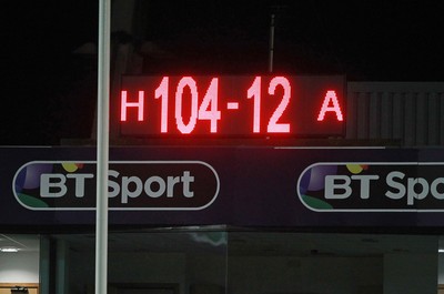 160115 - Cardiff Blues v Rovigo - European Rugby Challenge Cup - The scoreboard showing the final score 104-12