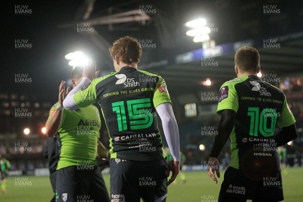 160115 - Cardiff Blues v Rovigo - European Rugby Challenge Cup - Rhys Patchell celebrates scoring with Gareth Anscombe of Cardiff Blues