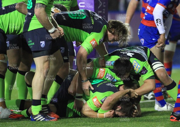 160115 - Cardiff Blues v FEMI-CZ Rugby Rovigo - European Rugby Challenge Cup -Lewis Jones of The Blues is congratulated by team mates as they reach 100 points