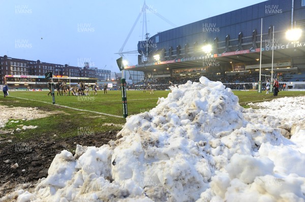 190113 - Cardiff Blues v Sale Sharks - Heineken Cup -Snow that has been cleared from the Cardiff Arms Park pitch to allow the game to go ahead