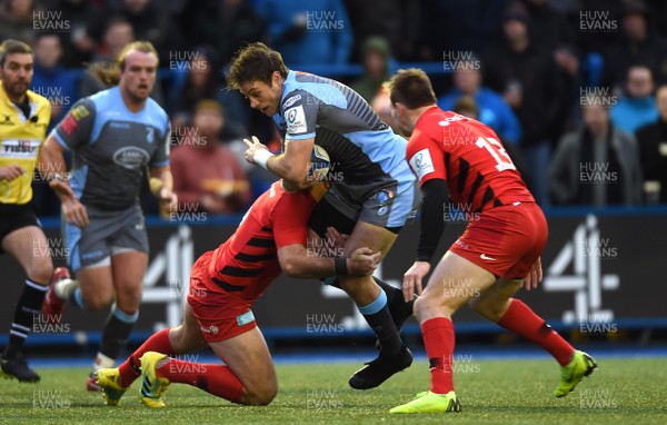 151218 - Cardiff Blues v Saracens - European Rugby Champions Cup - Blaine Scully of Cardiff Blues is tackled by Brad Barritt of Saracens