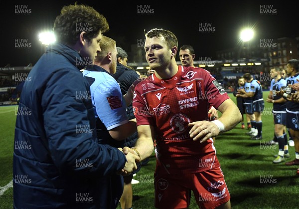 030120 - Cardiff Blues v Scarlets - Guinness PRO14 - Lloyd Williams of Cardiff Blues and Steff Hughes of Scarlets at the end of the game