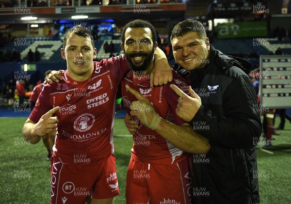 030120 - Cardiff Blues v Scarlets - Guinness PRO14 - Ryan Elias, Uzair Cassiem and Werner Kruger of Scarlets at the end of the game
