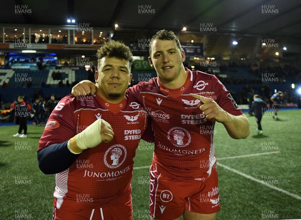 030120 - Cardiff Blues v Scarlets - Guinness PRO14 - Javan Sebastian and Ryan Elias of Scarlets at the end of the game