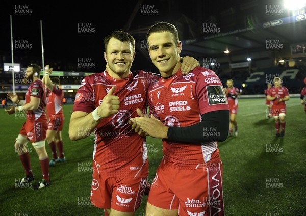 030120 - Cardiff Blues v Scarlets - Guinness PRO14 - Steff Hughes and Kieran Hardy of Scarlets at the end of the game