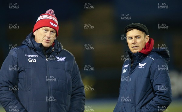 030120 - Cardiff Blues v Scarlets, Guinness PRO14 - Scarlets head coach Brad Mooar, right, with defence coach Glenn Delaney