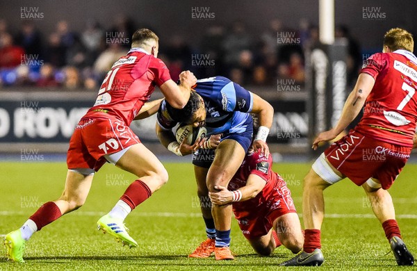 220319 - Cardiff Blues v Scarlets, Guinness PRO14 - Rey Lee-Lo of Cardiff Blues is brought down