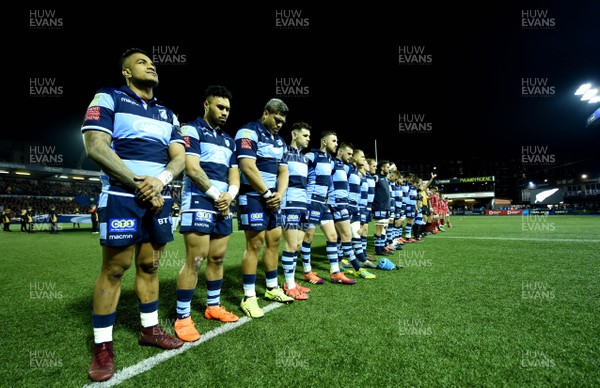 220319 - Cardiff Blues v Scarlets - Guinness PRO14 - Players stop for a moment silence 