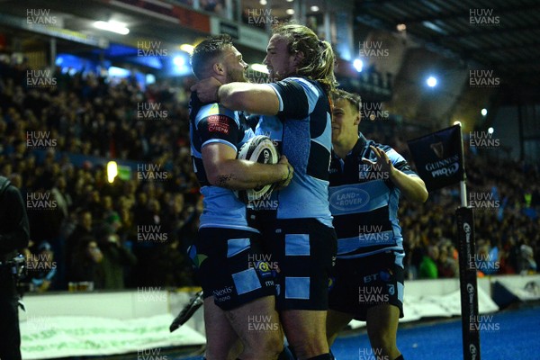 220319 - Cardiff Blues v Scarlets - Guinness PRO14 - Owen Lane of Cardiff Blues celebrates his try with Kristian Dacey (right)