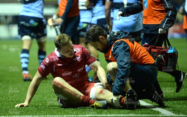 220319 - Cardiff Blues v Scarlets - Guinness PRO14 - James Davies of Scarlets receives treatment