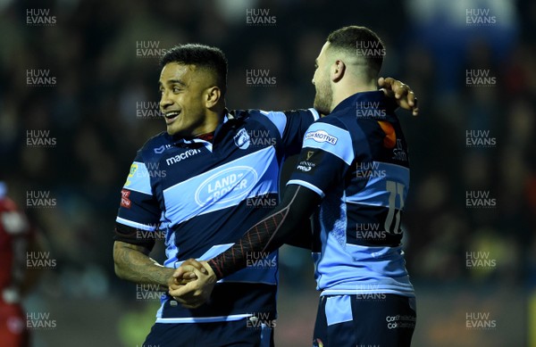 220319 - Cardiff Blues v Scarlets - Guinness PRO14 - Aled Summerhill of Cardiff Blues celebrates his second try with Rey Lee-Lo (left)