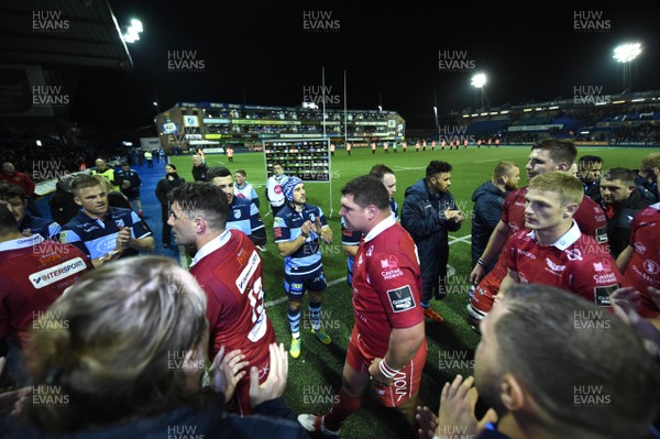 220319 - Cardiff Blues v Scarlets - Guinness PRO14 - Scarlets players leave the field at the end of the game