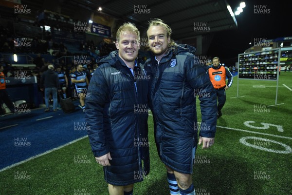 220319 - Cardiff Blues v Scarlets - Guinness PRO14 - Rhys Gill and Kristian Dacey of Cardiff Blues  at the end of the game