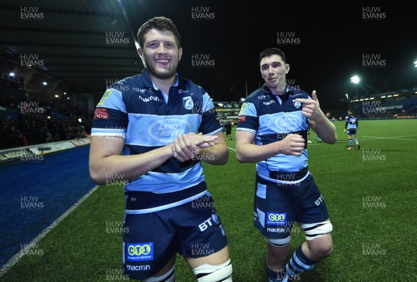 220319 - Cardiff Blues v Scarlets - Guinness PRO14 - Rory Thornton and Seb Davies of Cardiff Blues at the end of the game