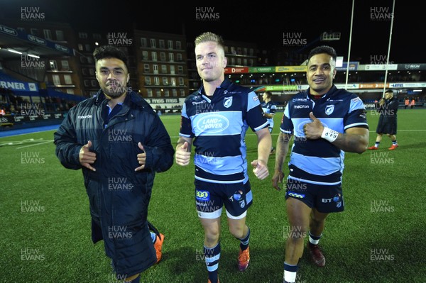 220319 - Cardiff Blues v Scarlets - Guinness PRO14 - Willis Halaholo, Gareth Anscombe and Rey Lee-Lo of Cardiff Blues at the end of the game