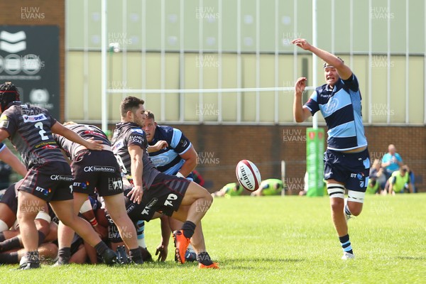 250818 - Cardiff Blues A v Scarlets A - Pre Season Friendly -  Declan Smith of Scarlets A clears to touch