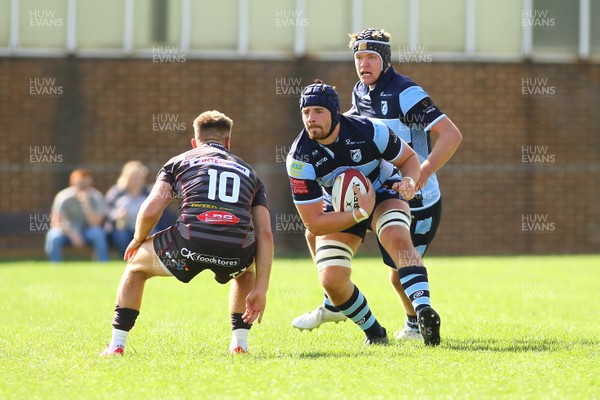 250818 - Cardiff Blues A v Scarlets A - Pre Season Friendly -  Alun Lawrence of Cardiff Blues A takes on Ethan Davies of Scarlets A 
