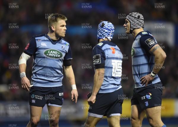 311217 - Cardiff Blues v Scarlets - Guinness PRO14 - Gareth Anscombe, Matthew Morgan and Tom James of Cardiff Blues