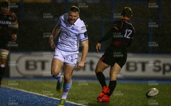 020319 - Cardiff Blues v Southern Kings - Guinness PRO14 - Owen Lane of Cardiff Blues celebrates scoring a try