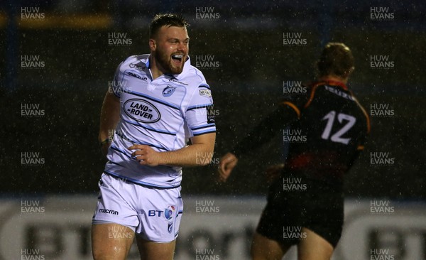 020319 - Cardiff Blues v Southern Kings - Guinness PRO14 - Owen Lane of Cardiff Blues celebrates scoring a try