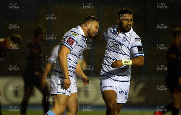 020319 - Cardiff Blues v Southern Kings - Guinness PRO14 - Owen Lane of Cardiff Blues celebrates scoring a try with Willis Halaholo